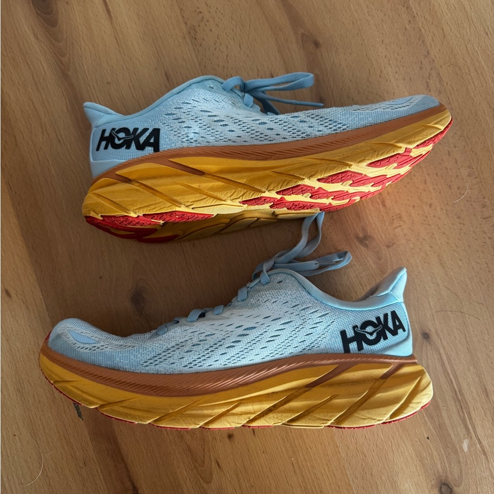 Hoka Clifton Sneakers in Sky Blue and Orange size 8